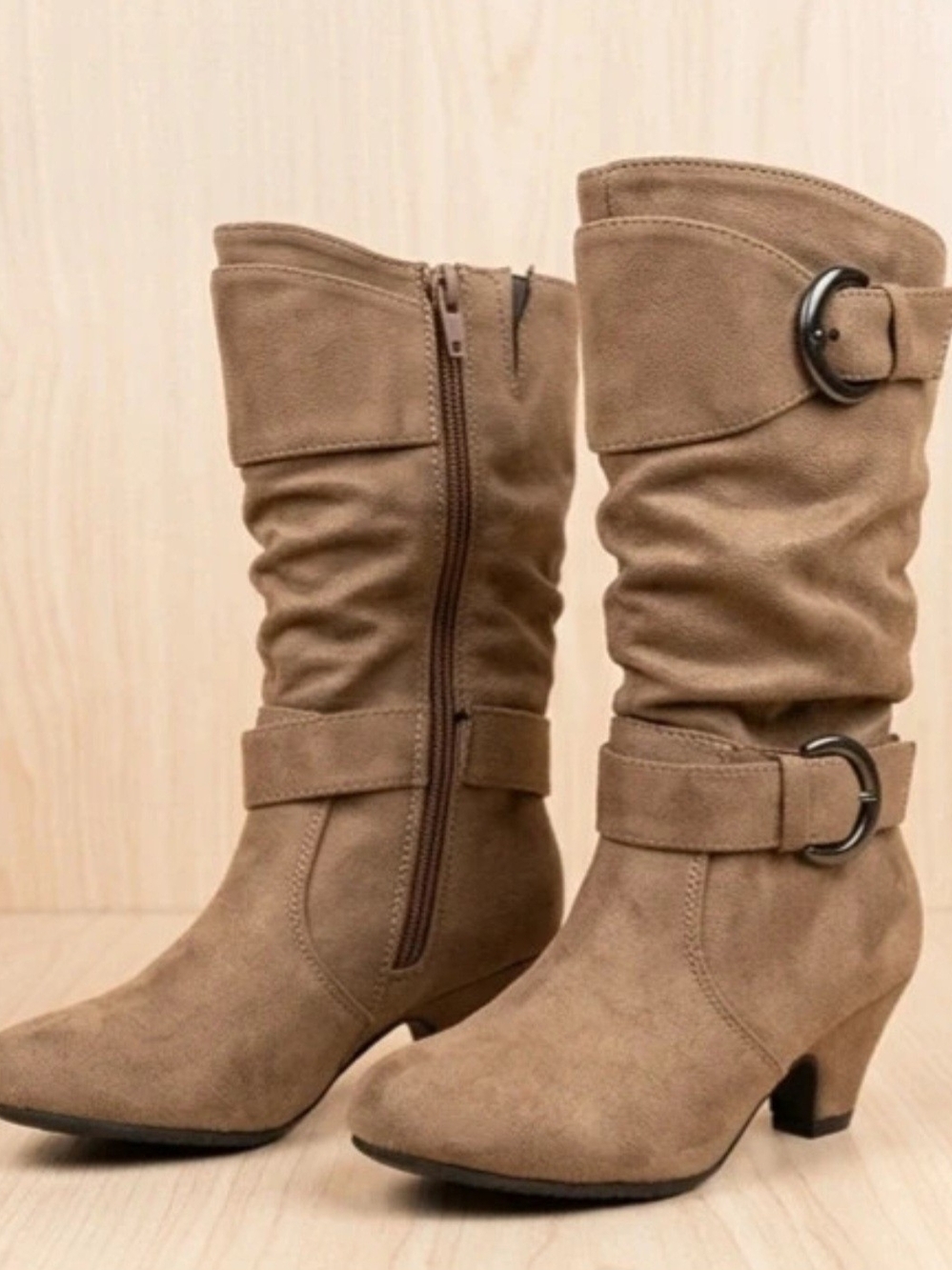 Link Tan Slouch Mid-Calf Boots with Buckle